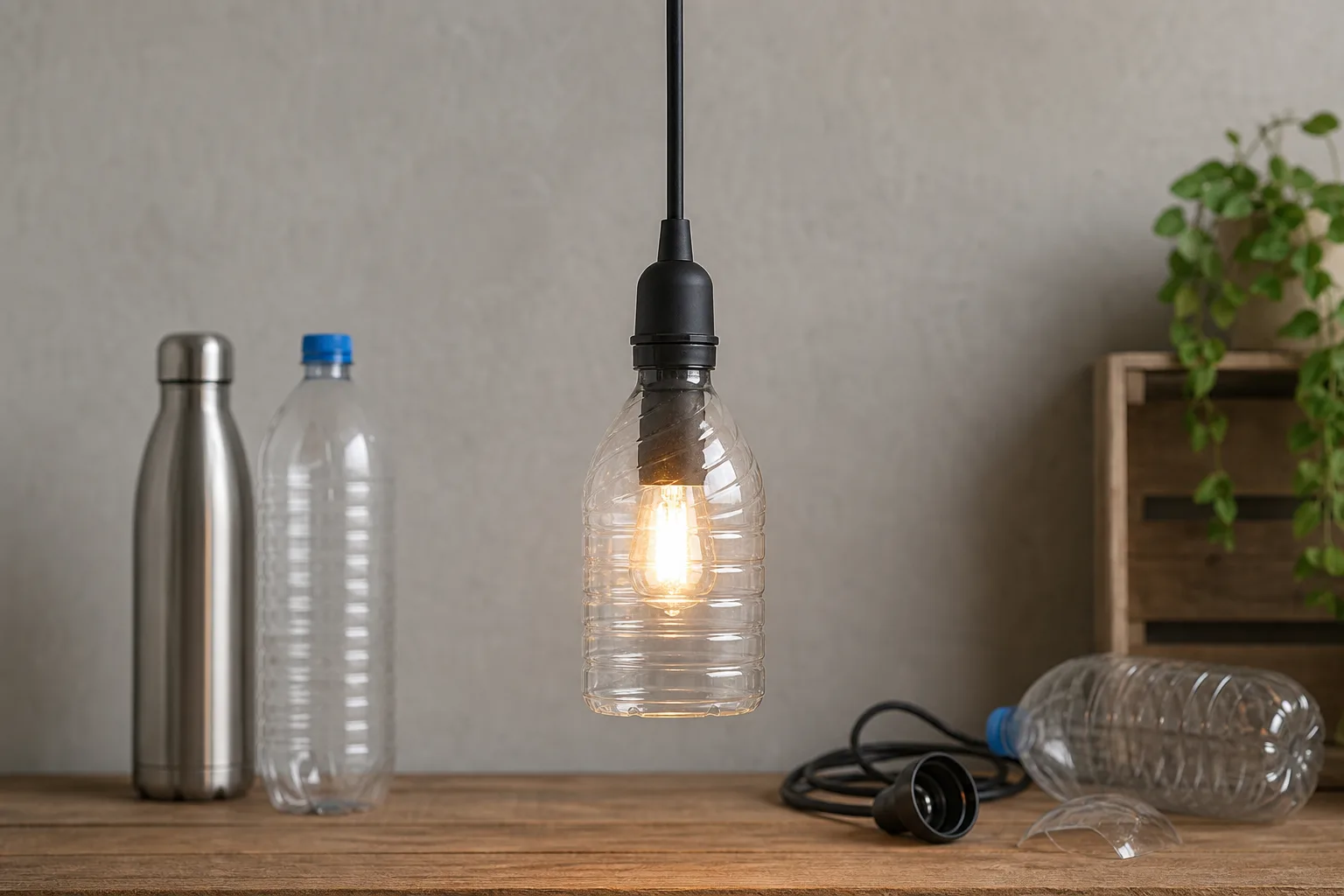 Trinkflasche zur Haengelampe umbauen: Upcycling-Lampe selber bauen
